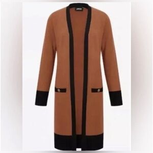 NWT Express Tipped Padded Shoulder Novelty Button Long Cardigan Brown and Black